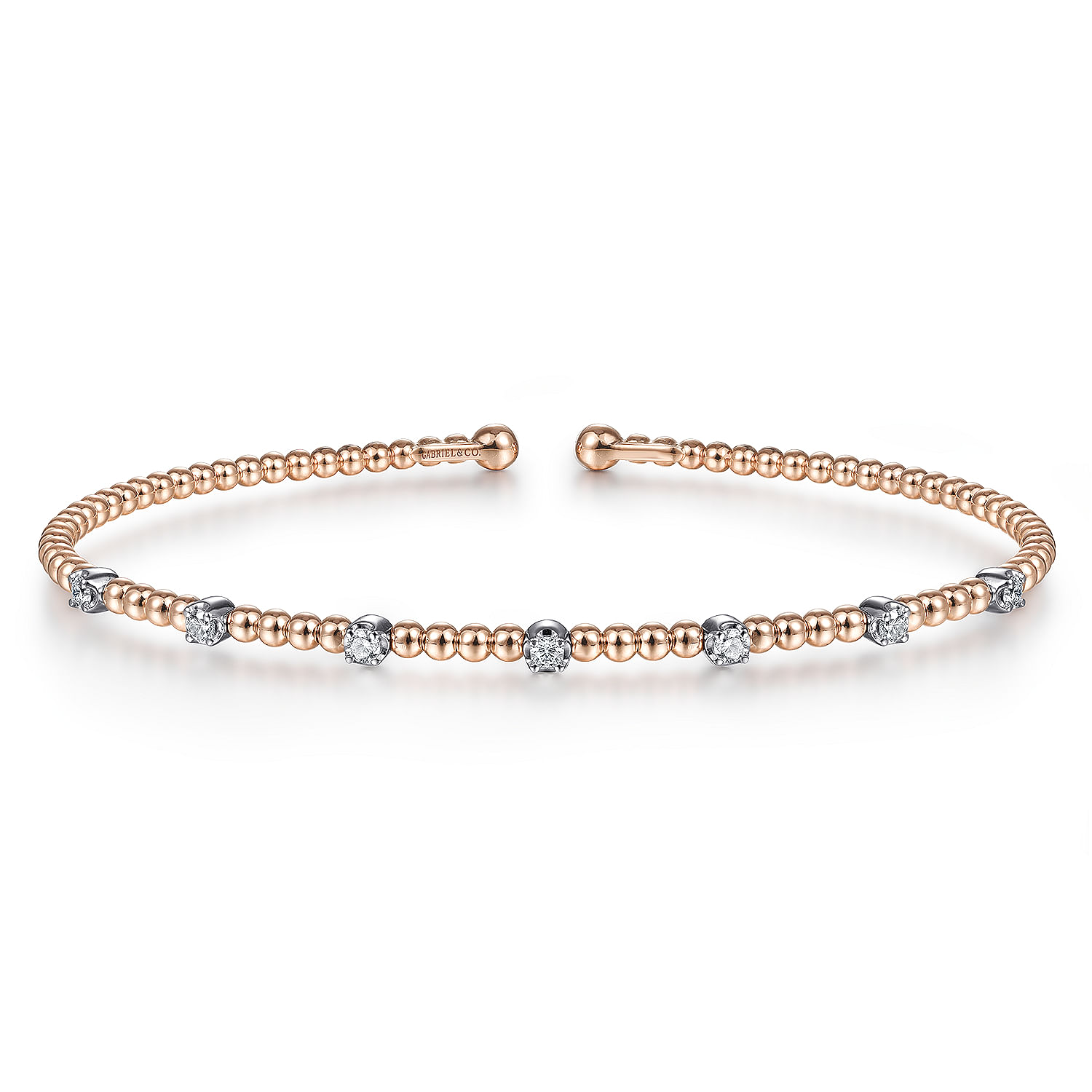 14K White-Rose Gold Bujukan Bead Cuff Bracelet with Diamond Stations