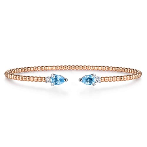14K White-Rose Gold Bujukan Open Cuff Bracelet with Blue Topaz and Diamond End Caps 14K White-Rose Gold Bujukan Open Cuff Bracelet with Blue Topaz and Diamond End Caps