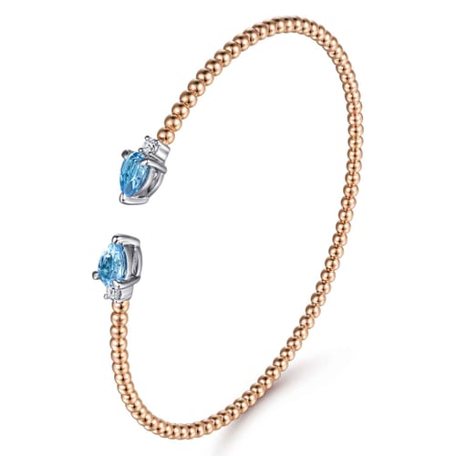 14K White-Rose Gold Bujukan Open Cuff Bracelet with Blue Topaz and Diamond End Caps 14K White-Rose Gold Bujukan Open Cuff Bracelet with Blue Topaz and Diamond End Caps