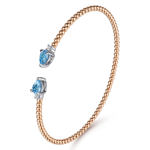 14K White-Rose Gold Bujukan Open Cuff Bracelet with Blue Topaz and Diamond End Caps 14K White-Rose Gold Bujukan Open Cuff Bracelet with Blue Topaz and Diamond End Caps