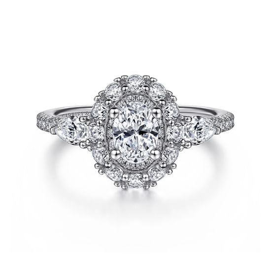 Gabriel - 14K White-Rose Gold Complete Oval Three Stone Double Halo Diamond Engagement Ring