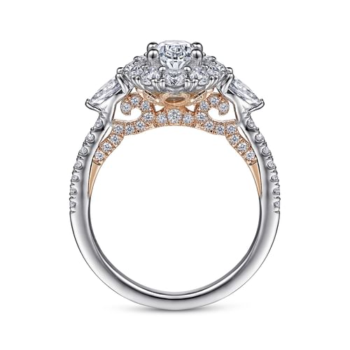 14K White-Rose Gold Complete Oval Three Stone Double Halo Diamond Engagement Ring