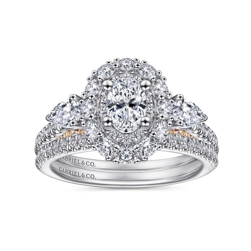14K White-Rose Gold Complete Oval Three Stone Double Halo Diamond Engagement Ring
