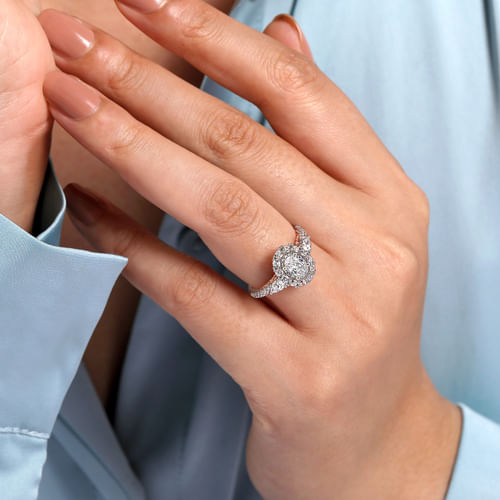 14K White-Rose Gold Complete Oval Three Stone Double Halo Diamond Engagement Ring