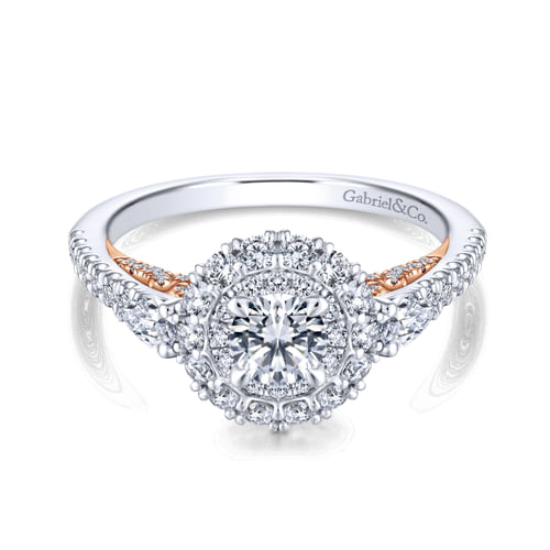14K White-Rose Gold Complete Round Three Stone Double Halo Diamond Engagement Ring