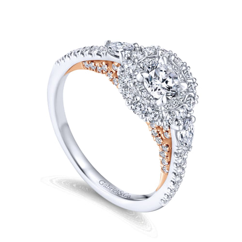 14K White-Rose Gold Complete Round Three Stone Double Halo Diamond Engagement Ring