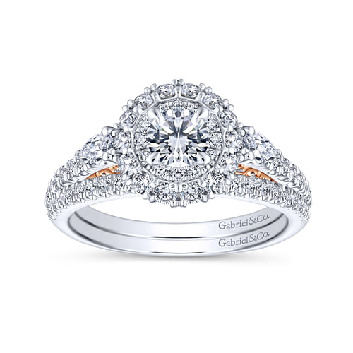 14K White-Rose Gold Complete Round Three Stone Double Halo Diamond Engagement Ring