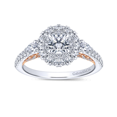 14K White-Rose Gold Complete Round Three Stone Double Halo Diamond Engagement Ring