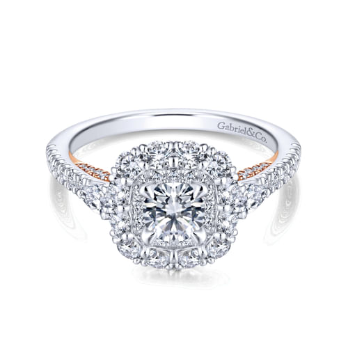 14K White-Rose Gold Complete Round Three Stone Double Halo Diamond Engagement Ring
