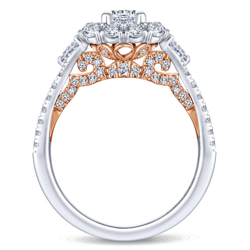 14K White-Rose Gold Complete Round Three Stone Double Halo Diamond Engagement Ring