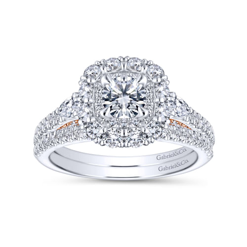 14K White-Rose Gold Complete Round Three Stone Double Halo Diamond Engagement Ring