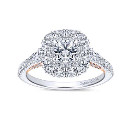 14K White-Rose Gold Complete Round Three Stone Double Halo Diamond Engagement Ring