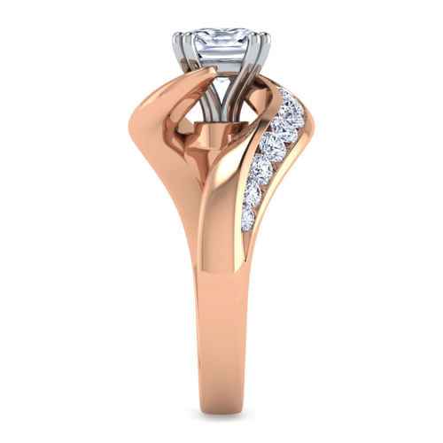 14K White-Rose Gold Cushion Cut Bypass Diamond Channel Set Engagement Ring