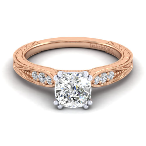 14K White-Rose Gold Cushion Cut Diamond Engagement Ring