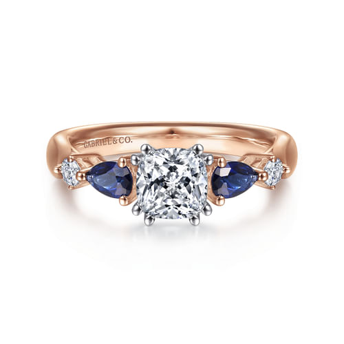 14K White-Rose Gold Cushion Cut Five Stone Sapphire and Diamond Engagement Ring
