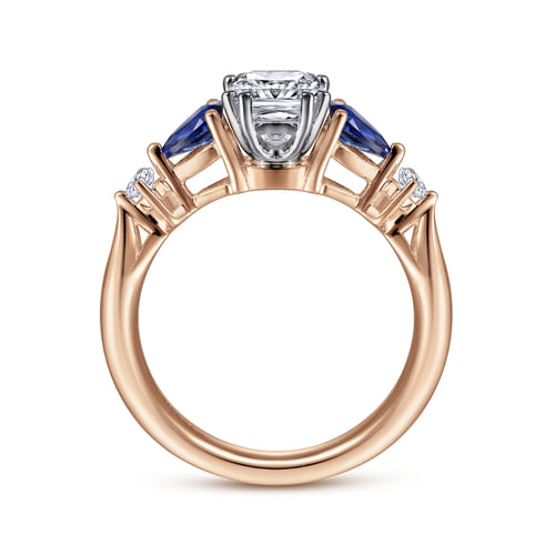 14K White-Rose Gold Cushion Cut Five Stone Sapphire and Diamond Engagement Ring