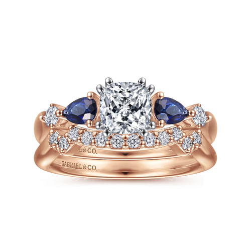 14K White-Rose Gold Cushion Cut Five Stone Sapphire and Diamond Engagement Ring