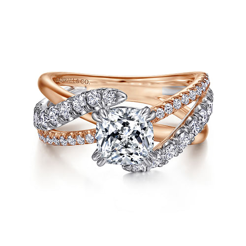 14K White-Rose Gold Cushion Cut Free Form Diamond Engagement Ring