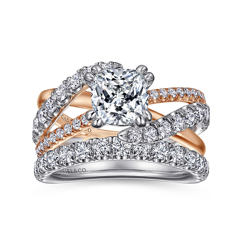 14K White-Rose Gold Cushion Cut Free Form Diamond Engagement Ring
