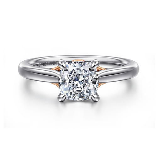 14K White-Rose Gold Cushion Cut Lotus Diamond Engagement Ring