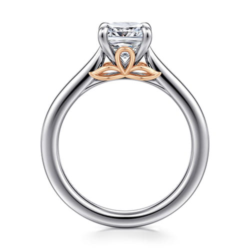 14K White-Rose Gold Cushion Cut Lotus Diamond Engagement Ring
