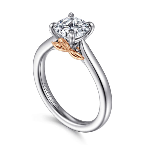 14K White-Rose Gold Cushion Cut Lotus Diamond Engagement Ring