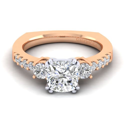 14K White-Rose Gold Cushion Cut Three Stone Diamond Engagement Ring