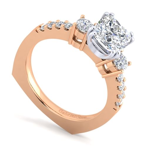14K White-Rose Gold Cushion Cut Three Stone Diamond Engagement Ring