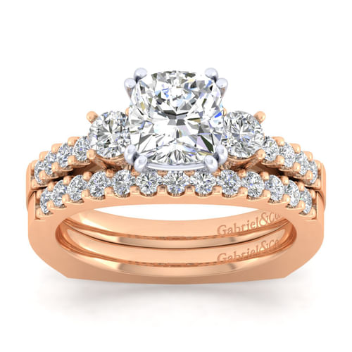 14K White-Rose Gold Cushion Cut Three Stone Diamond Engagement Ring