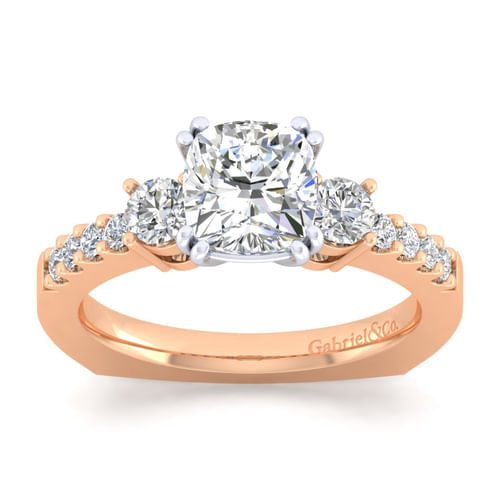 14K White-Rose Gold Cushion Cut Three Stone Diamond Engagement Ring