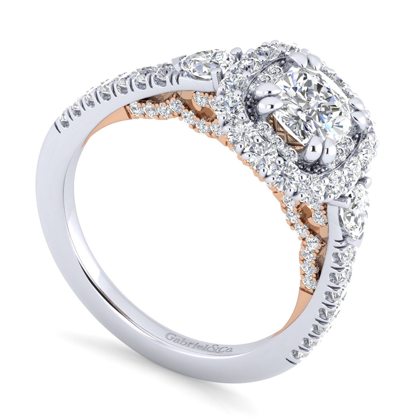 14K White-Rose Gold Cushion Cut Three Stone Double Halo Diamond Engagement Ring