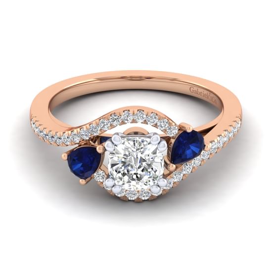 Gabriel - 14K White-Rose Gold Cushion Cut Three Stone Sapphire and Diamond Engagement Ring