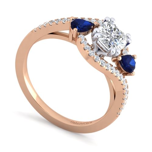 14K White-Rose Gold Cushion Cut Three Stone Sapphire and Diamond Engagement Ring