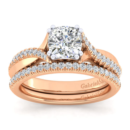 14K White-Rose Gold Cushion Cut Twisted Diamond Engagement Ring