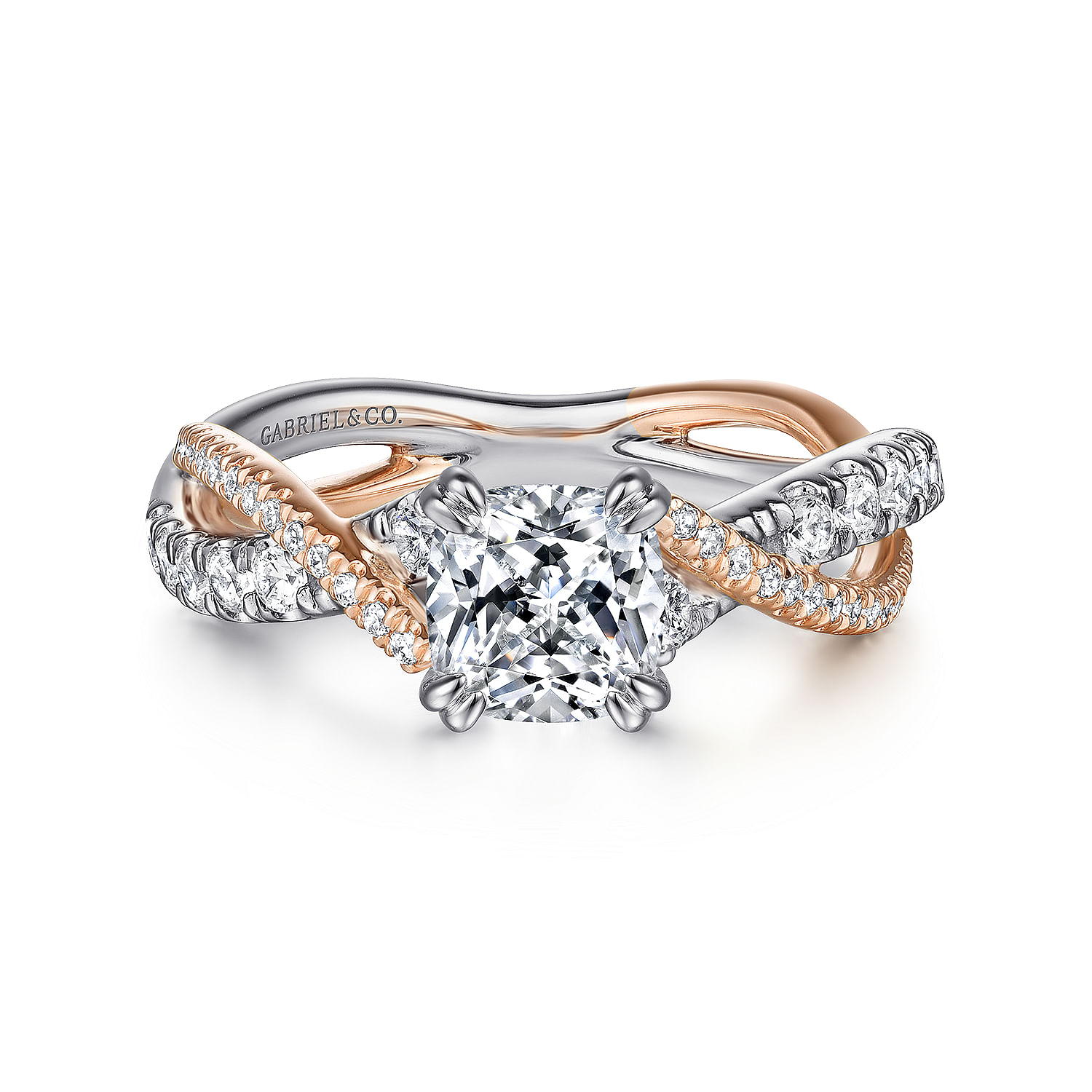 Gabriel - 14K White-Rose Gold Cushion Cut Twisted Diamond Engagement Ring