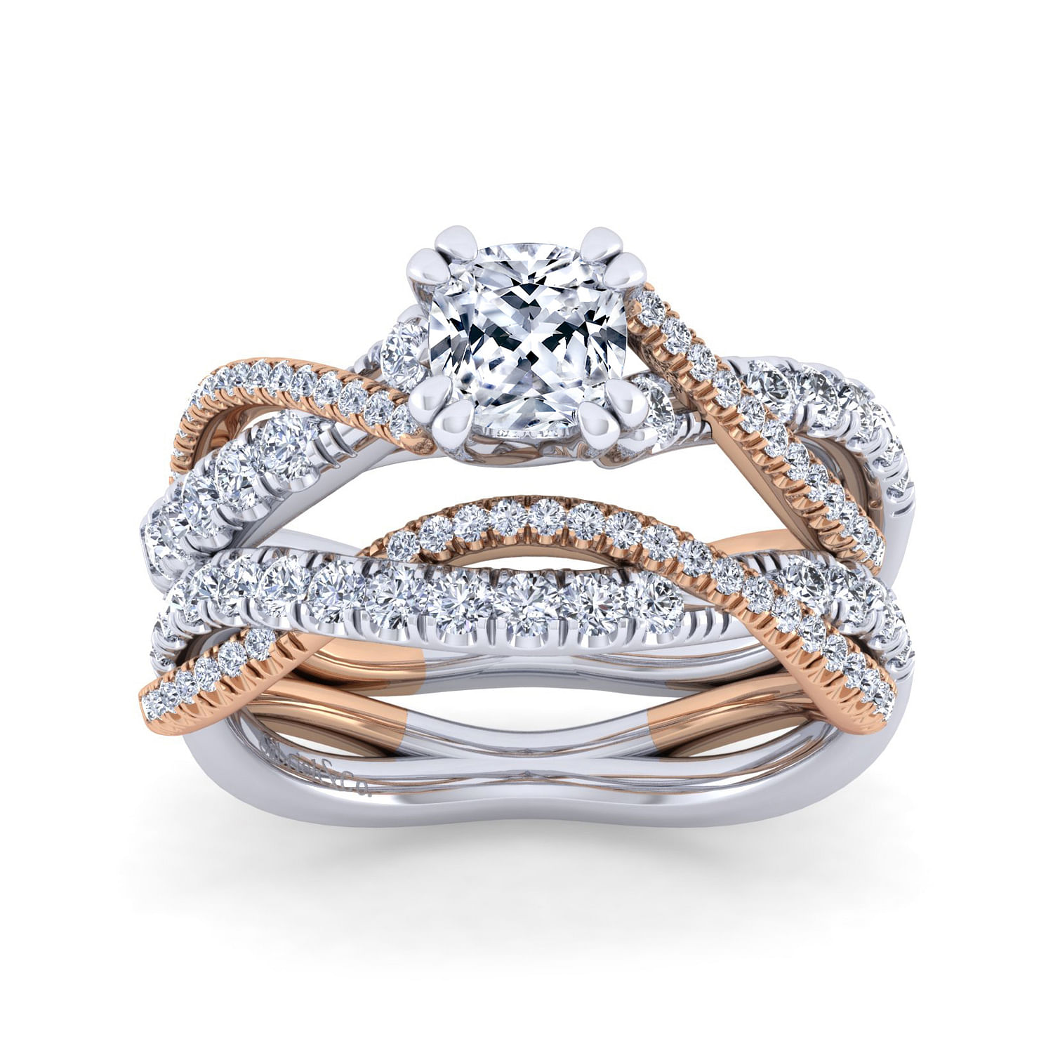 14K White-Rose Gold Cushion Cut Twisted Diamond Engagement Ring