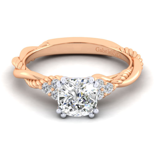 14K White-Rose Gold Cushion Cut Twisted Diamond Engagement Ring