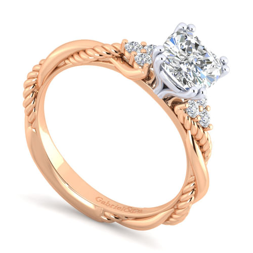 14K White-Rose Gold Cushion Cut Twisted Diamond Engagement Ring