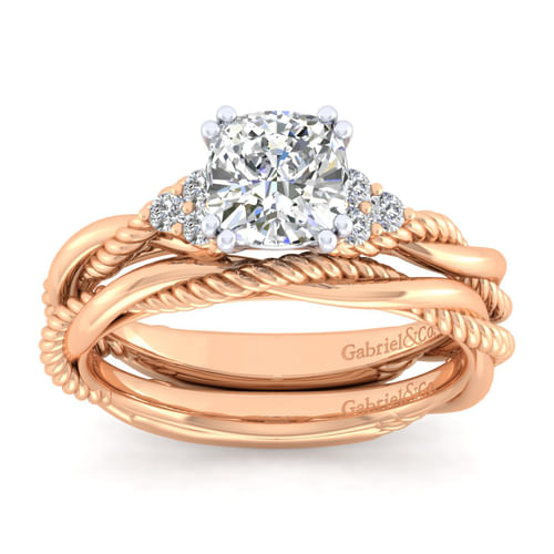 14K White-Rose Gold Cushion Cut Twisted Diamond Engagement Ring