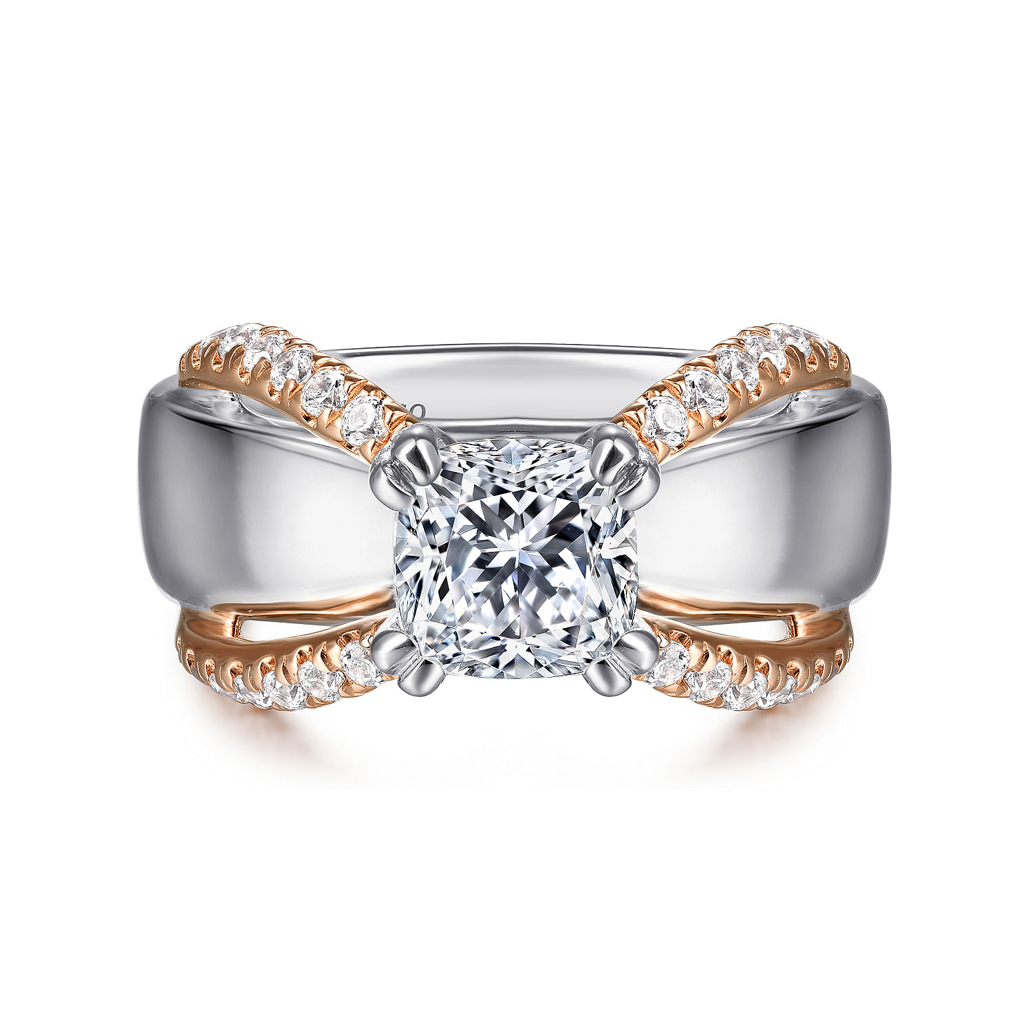 Gabriel - 14K White-Rose Gold Cushion Cut Wide Band Diamond Engagement Ring