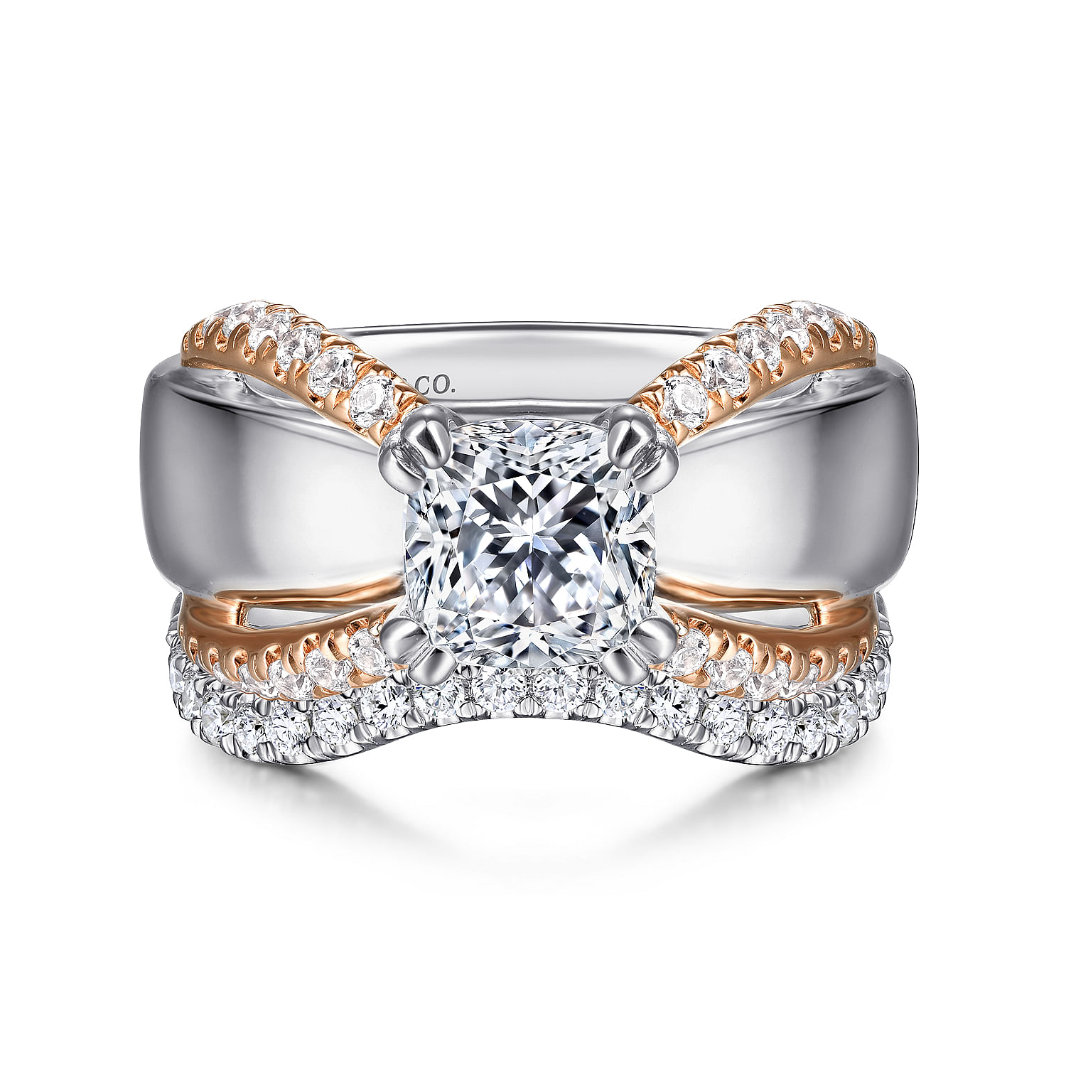14K White-Rose Gold Cushion Cut Wide Band Diamond Engagement Ring