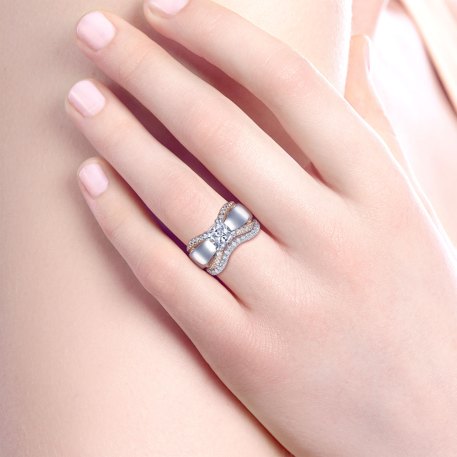 14K White-Rose Gold Cushion Cut Wide Band Diamond Engagement Ring