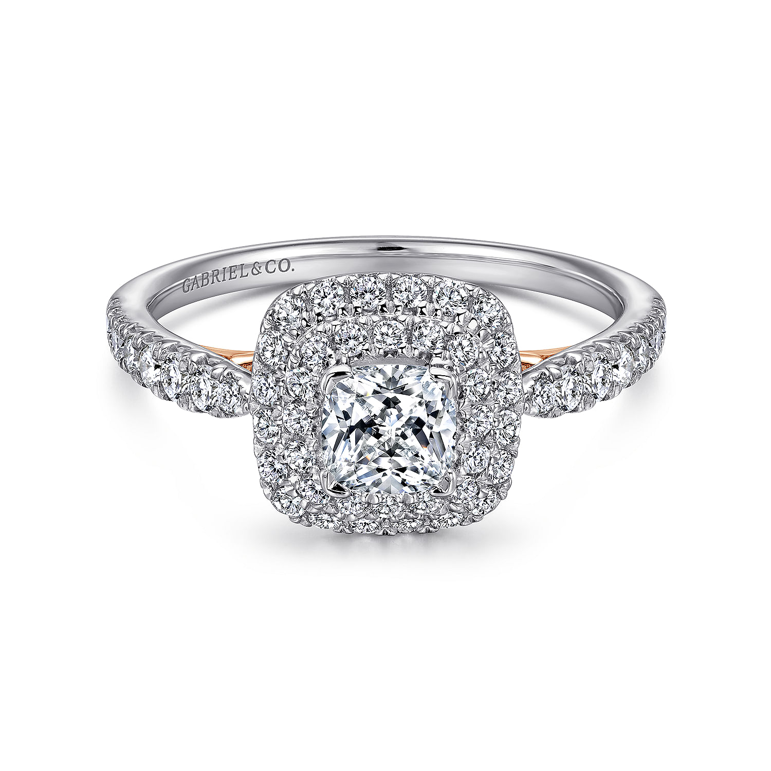 Gabriel - 14K White-Rose Gold Cushion Double Halo Diamond Engagement Ring