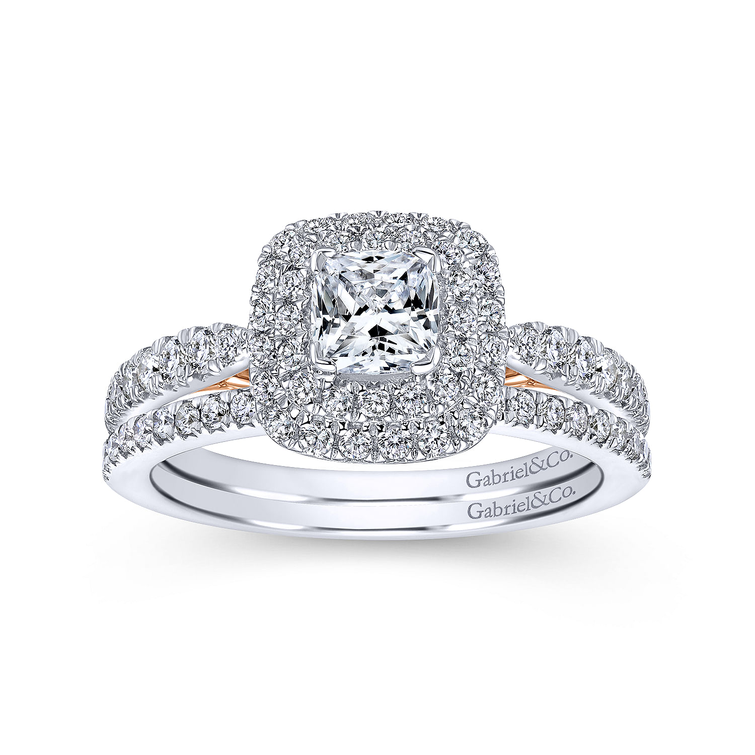 14K White-Rose Gold Cushion Double Halo Diamond Engagement Ring