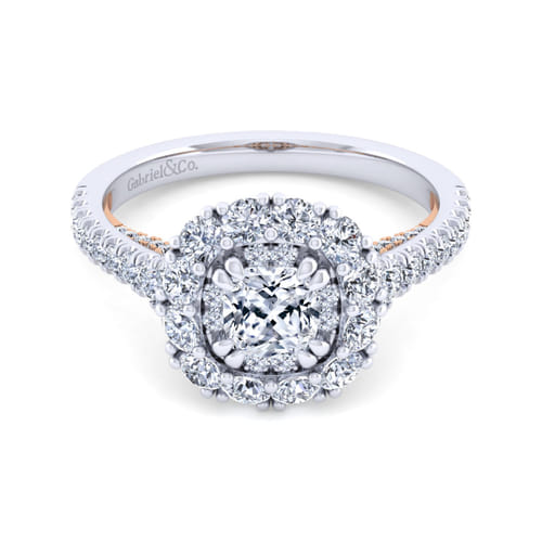 14K White-Rose Gold Cushion Double Halo Diamond Engagement Ring