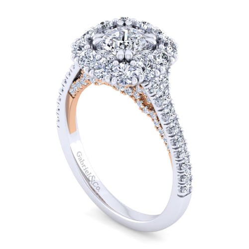 14K White-Rose Gold Cushion Double Halo Diamond Engagement Ring