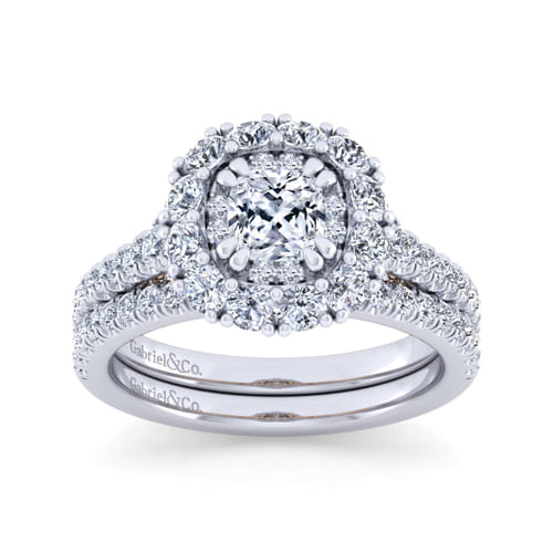 14K White-Rose Gold Cushion Double Halo Diamond Engagement Ring