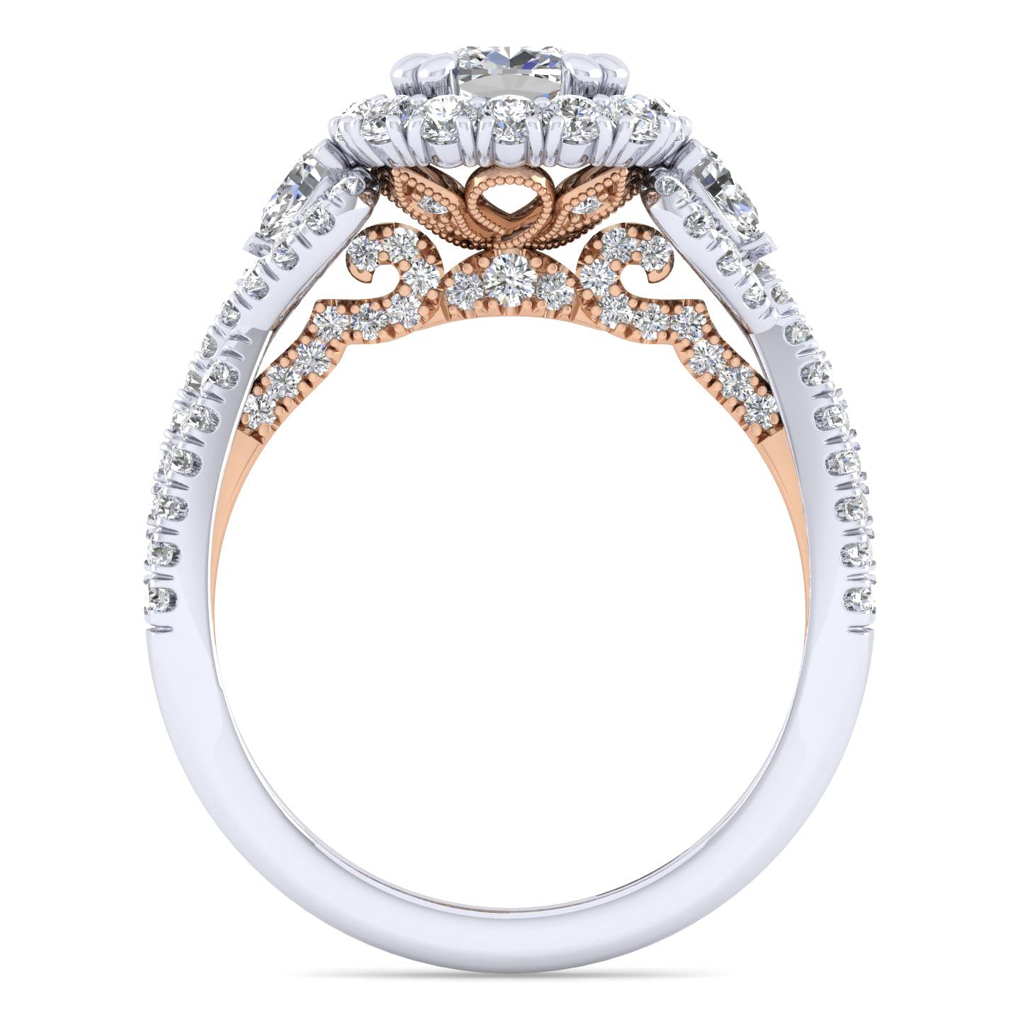 14K White-Rose Gold Cushion Double Halo Diamond Engagement Ring