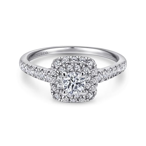 14K White-Rose Gold Cushion Double Halo Round Diamond Complete Engagement Ring