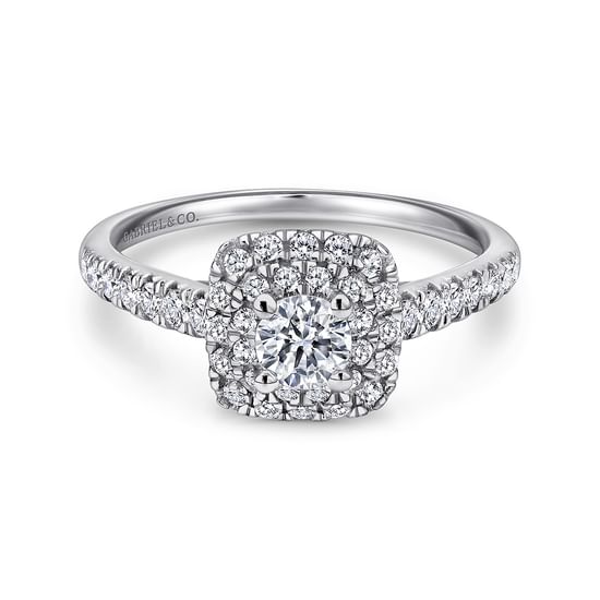 Gabriel - 14K White-Rose Gold Cushion Double Halo Round Diamond Complete Engagement Ring